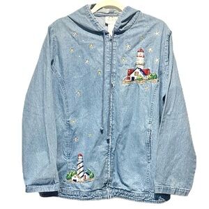 Vintage 80s eclectic grandpa lighthouse embroidered denim‎ hoodie 1x